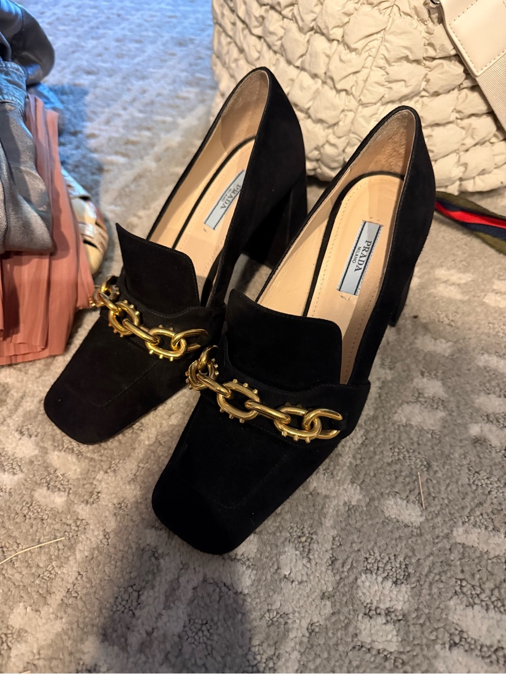 Prada Black Suede Loafer Pumps with Gold Chain